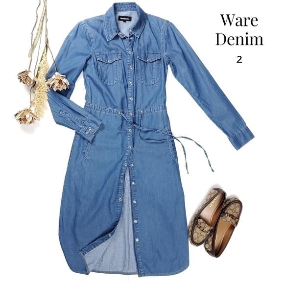 Ware Denim Dresses & Skirts - WareDenim Blue Chambray Belted Shirt Dress Size 2 UK 6